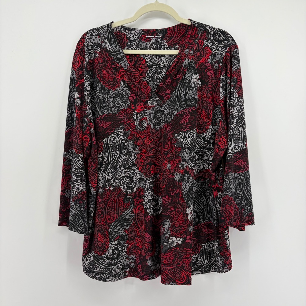 Allison Daley Womens 1X Red Paisley V-Neck 3/4 Sleeve Stretch Tunic Top